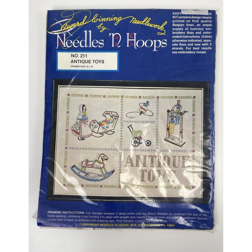 Vintage Needles 'N Hoops Antique Toys Stamped Cross Stitch Kit #211 Sampler